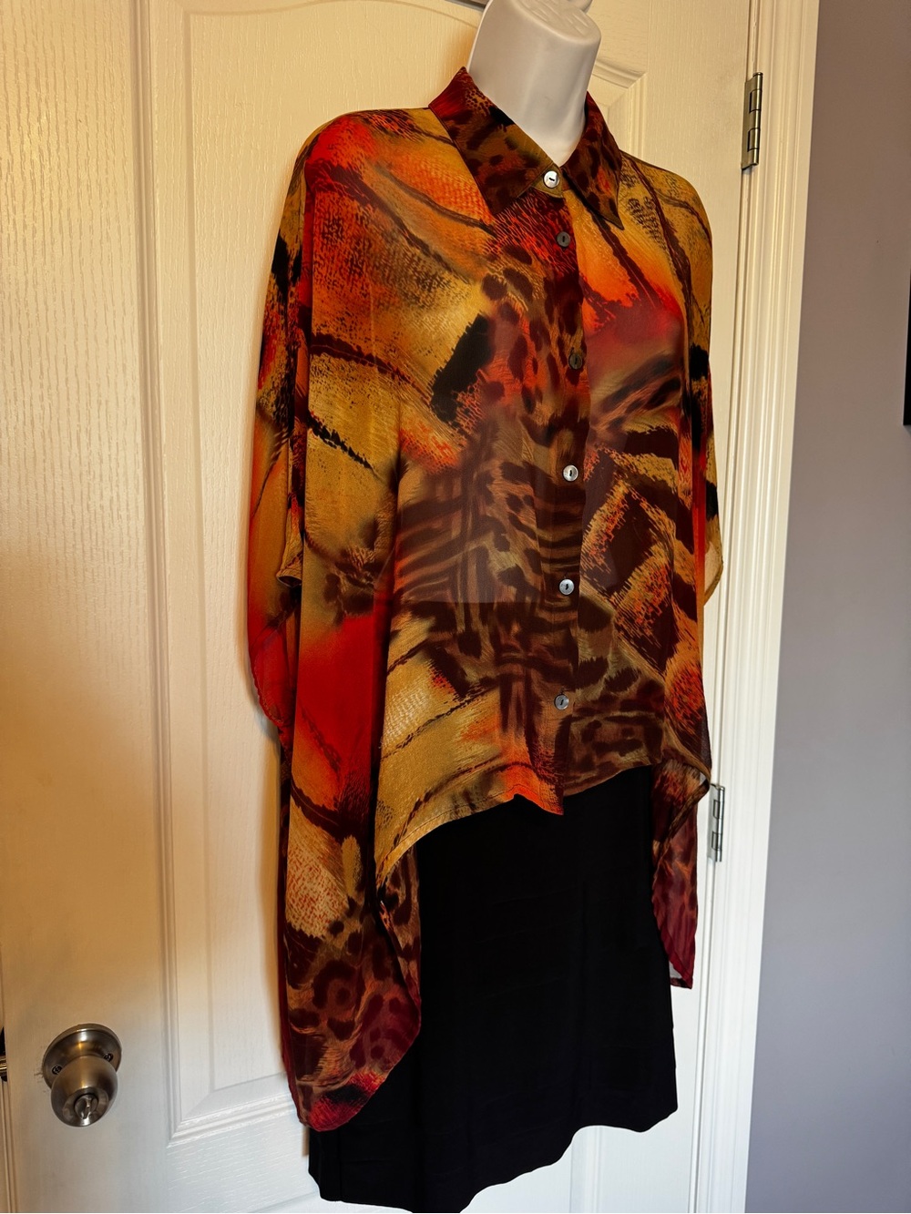 Da-Nang Boheme 100% Silk Animal Print Poncho Blouse M/L Sheer Boho